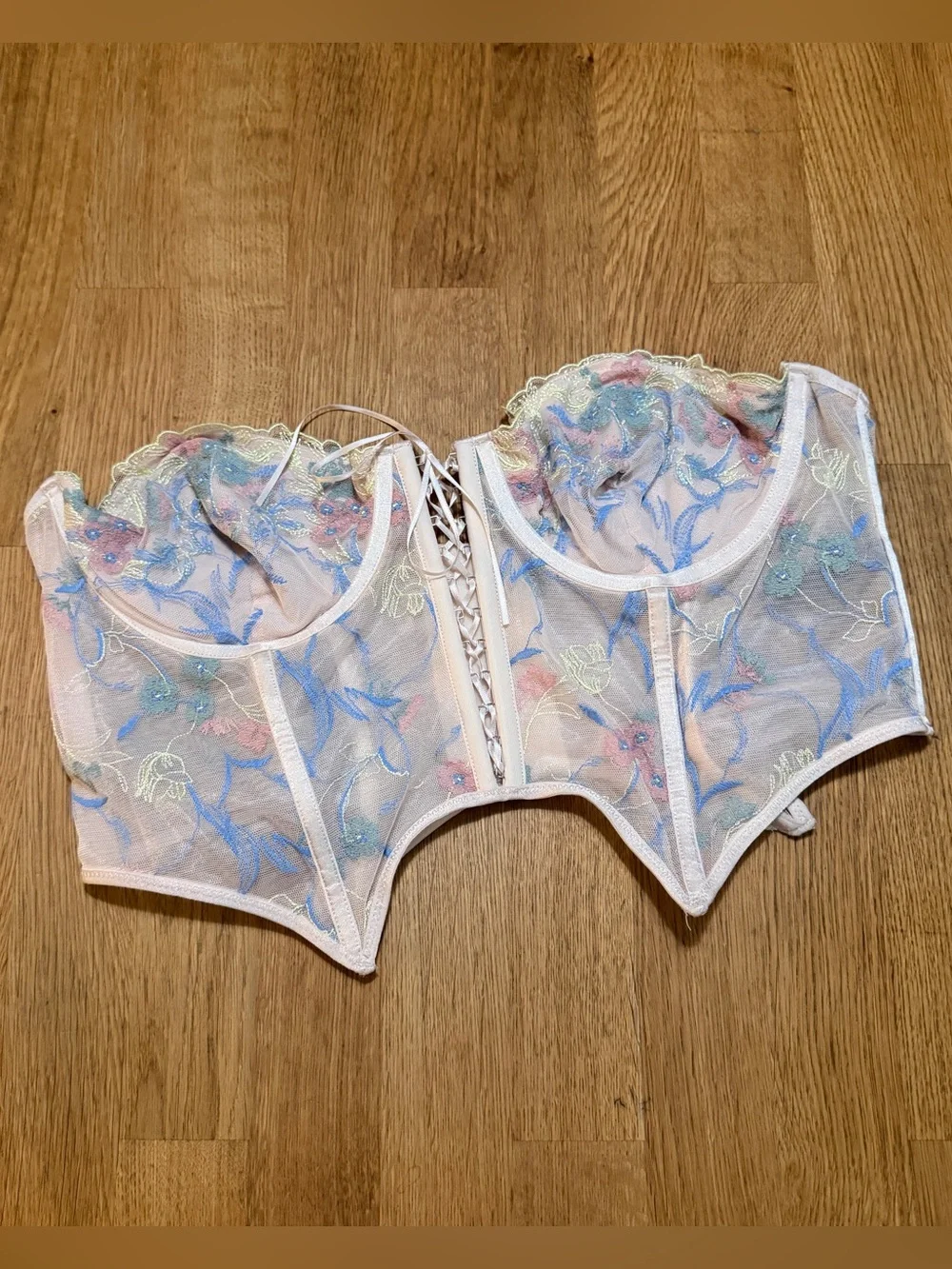 Urban Outfitters Out From Under XL White Mesh Floral Embroidered Corset Bustier